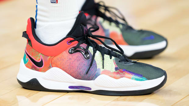 Paul George wearing the Nike PG 5 'mulitcolor'.